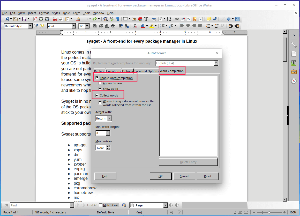 Enable AutoComplete Spell Check in LibreOffice