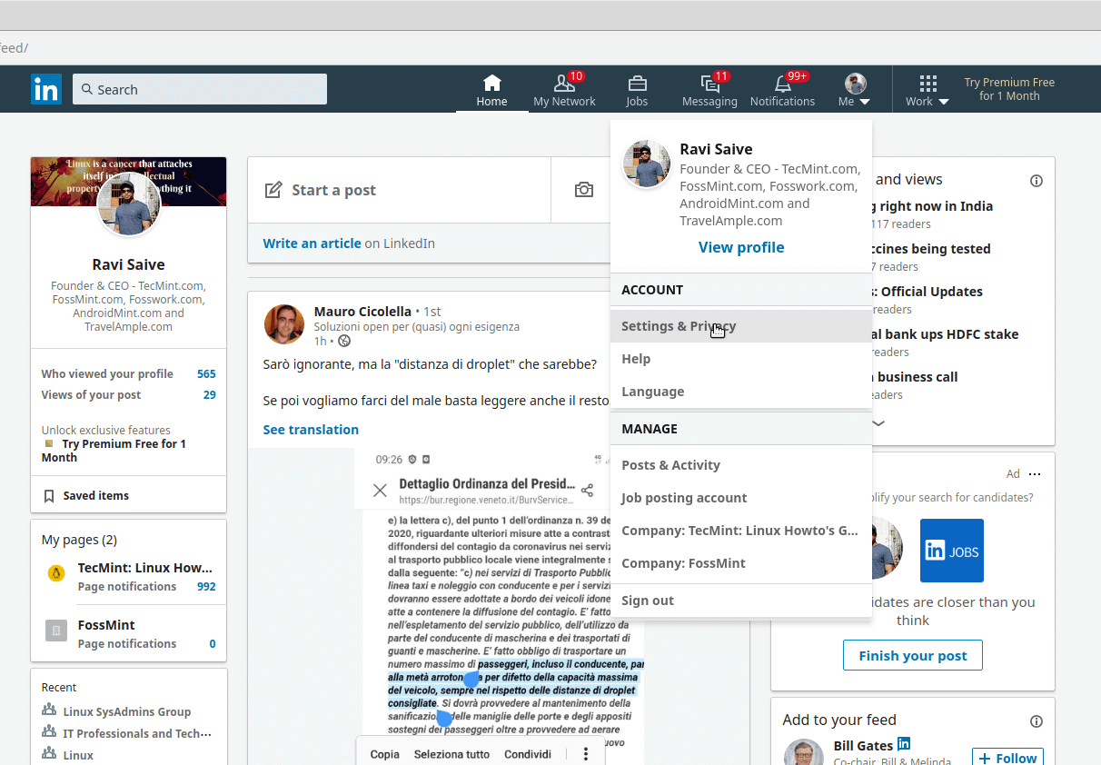 Linkedin Settings and Privacy