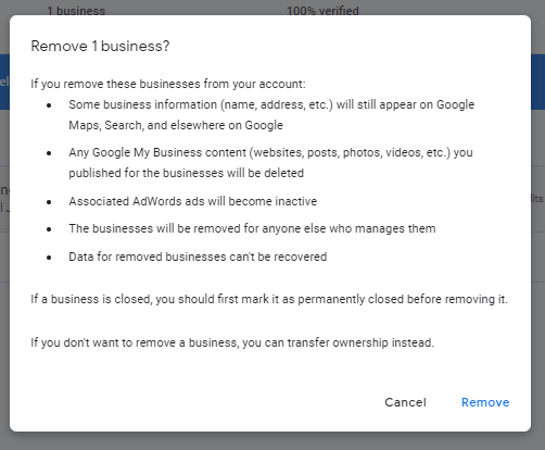 Confirm Removing Business